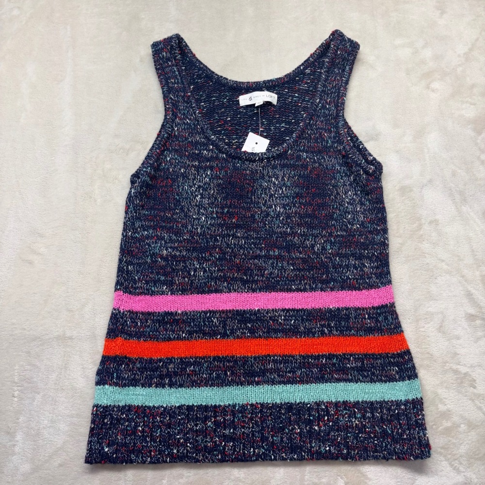 Lou & Grey for LOFT Womens Space Dye Striped Knit Tank Top Navy XS 531581